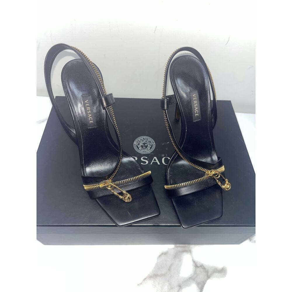 Versace Black Leather Zipper Detail Sandals - Size 35.5